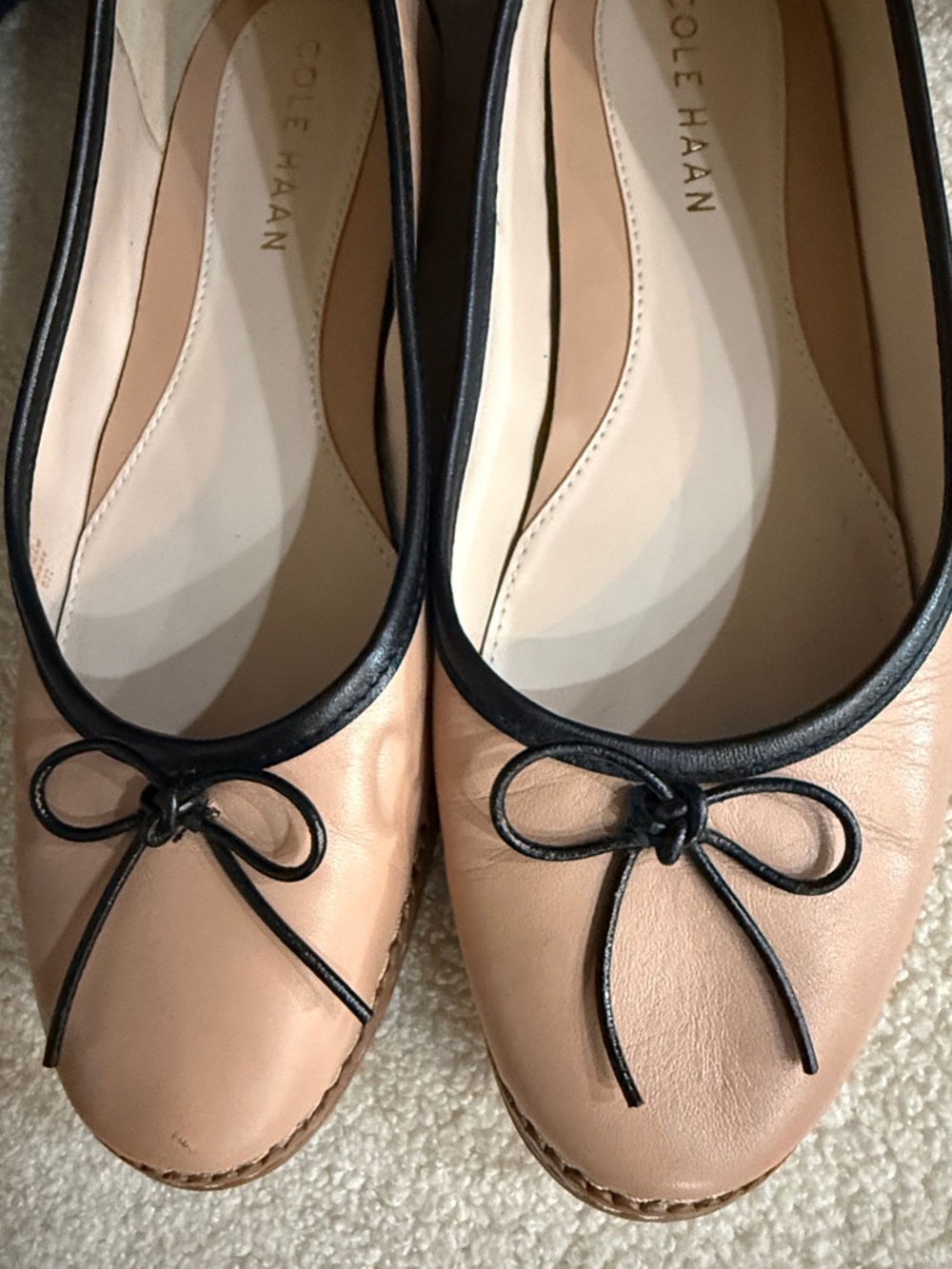 Cole Haan Pink Leather Ballet Flats with Black Trim and Bow - Picture 3 of 9